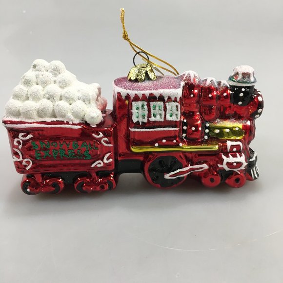 Kurt Adler Noble Gems Snowball Express Red Train Engine Glass Ornament NEW
